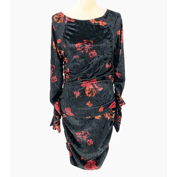 WAYF Women's Clique Velvet Minidress Medium Red Roses Ruched Long Sleeve NWT - Picture 4 of 12